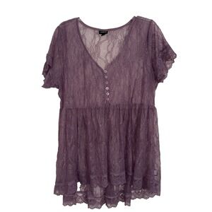 Torrid Sheer Floral Lace Babydoll Top Size 1X (1) Purple Coquette Fairy BOHO